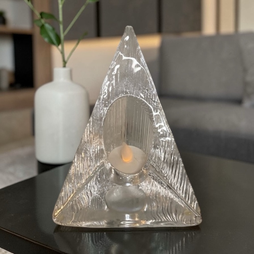 Vintage Art Glass Pyramid Candle Holder Clear Sculptural Votive MCM Modern